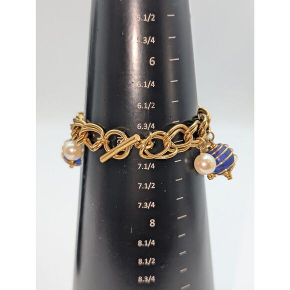 VTG Blue Cage Bead Faux Pearl Charm Gold Tone Chain Link Toggle Clasp Bracelet - Picture 5 of 7